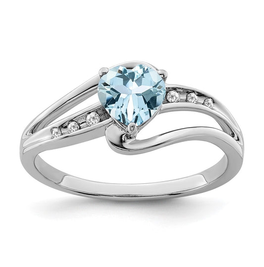 Sterling Silver Rhodium plated Aquamarine and Diamond Ring, Sz 8