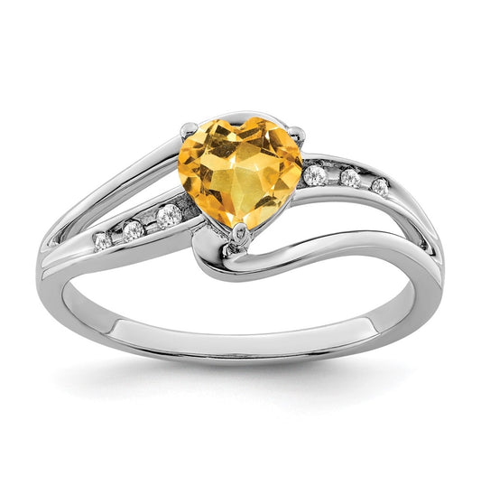 Sterling Silver Rhodium plated Citrine and Diamond Ring, Sz 6