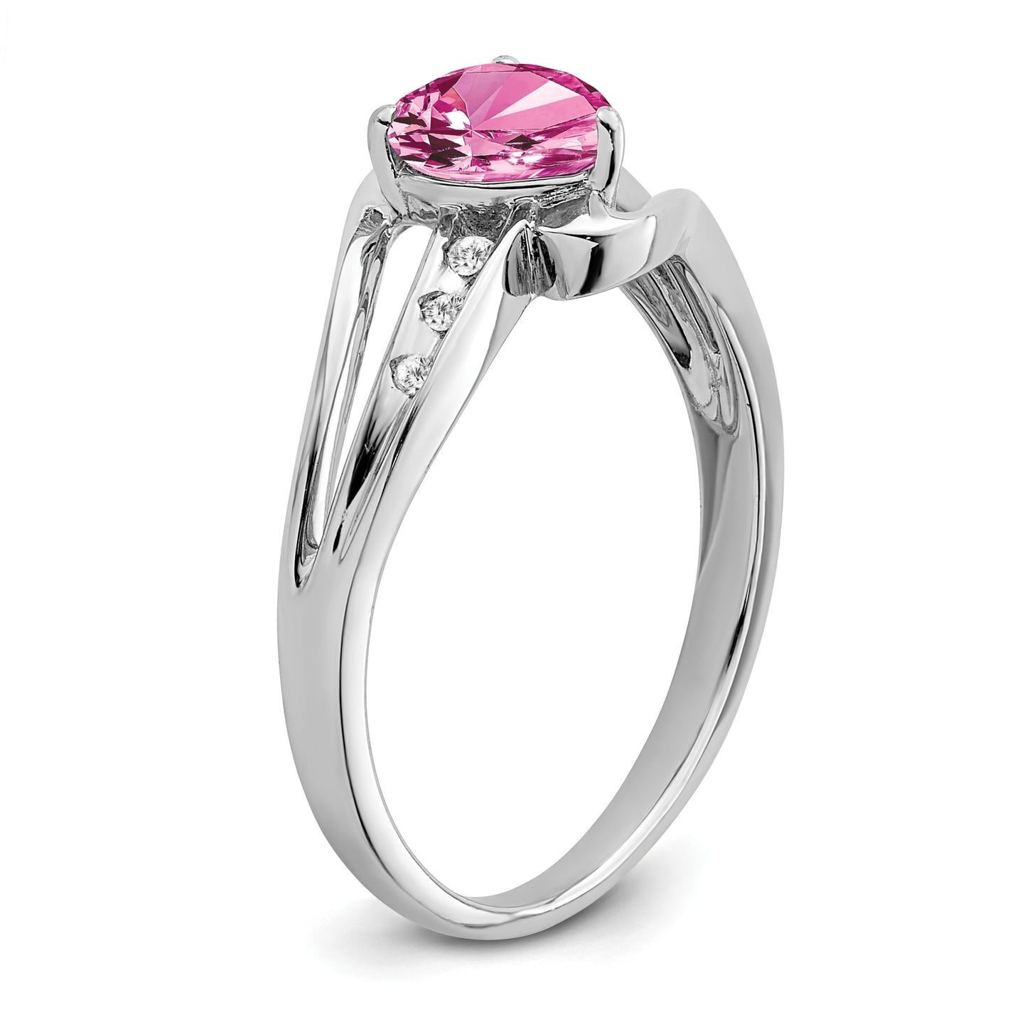 Sterling Silver Rhodium plated Cr Pink Sapphire and Diamond Ring, Size 8