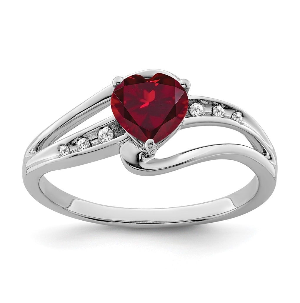 Sterling Silver Rhodium plated Created Ruby and Diamond Ring, Sz 7