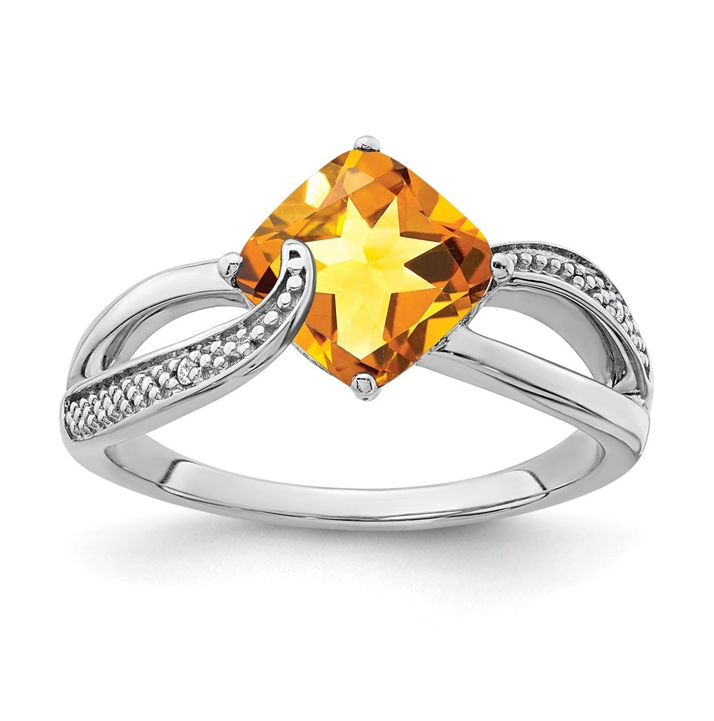 Sterling Silver Rhodium-Plated Citrine and Diamond Ring, Sz 8