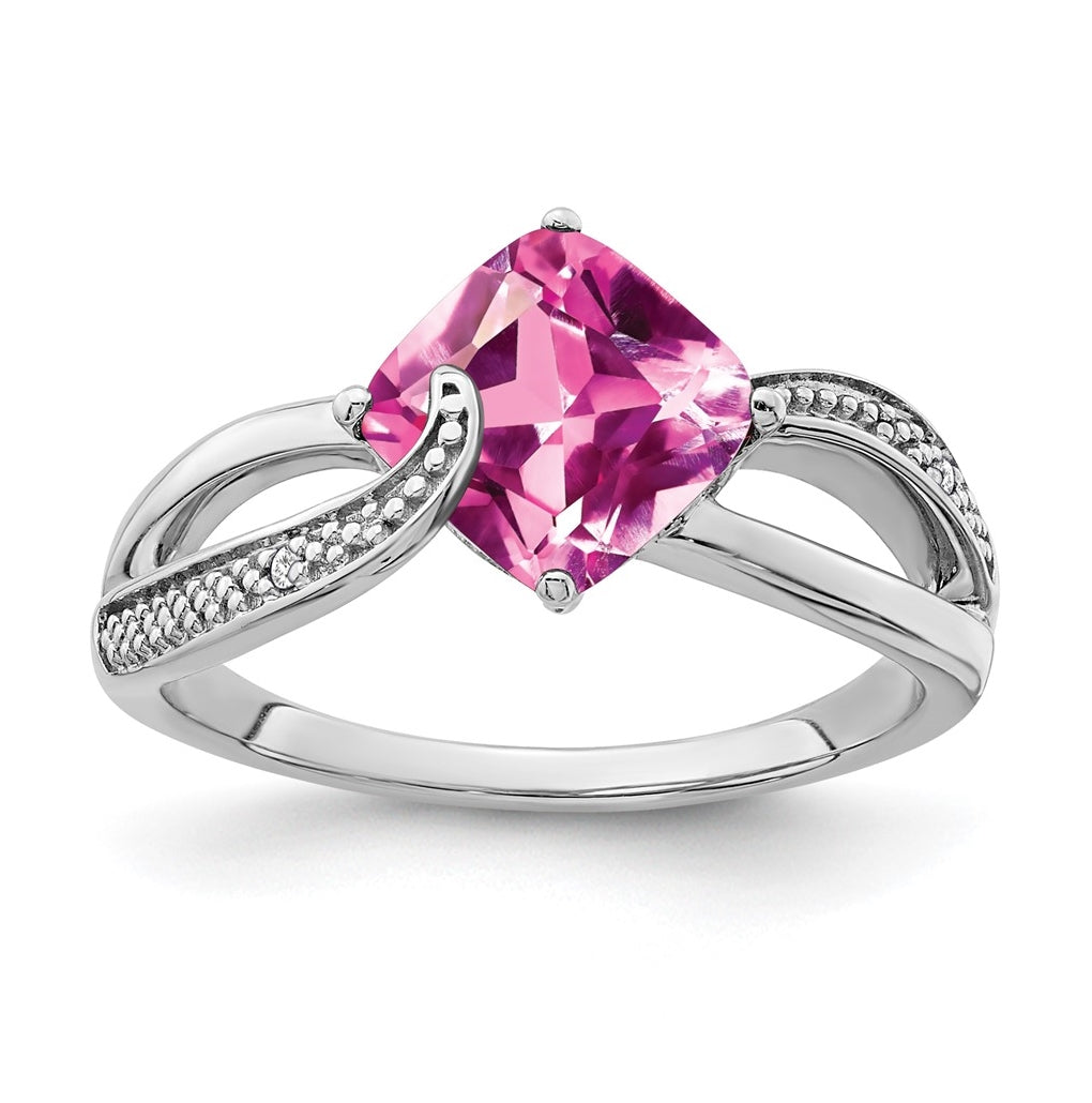 Sterling Silver Rhodium-plated Created Pink Sapphire and Diamond Ring, Size 6