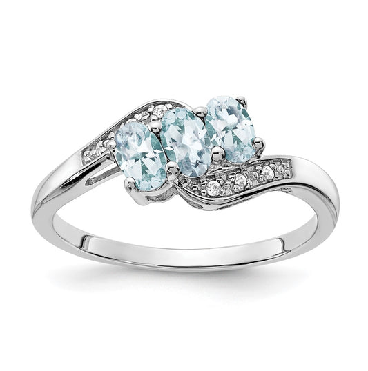 Sterling Silver Rhodium plated Aquamarine/Diamond Ring, Size 6