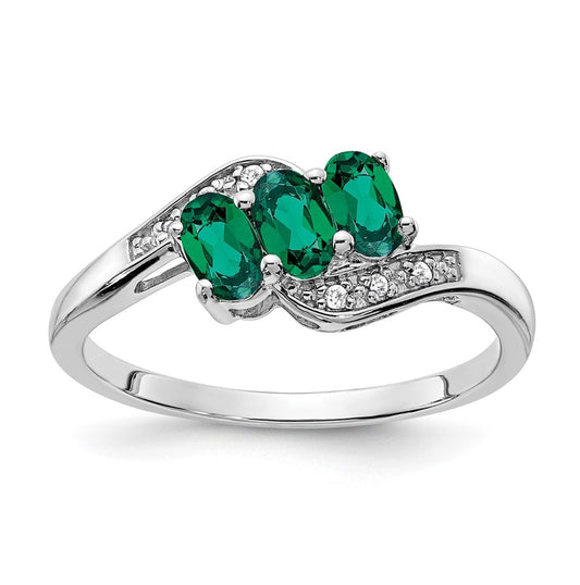 Sterling Silver Rhodium-PlatedCreated Emerald and Diamond Ring, Size 6