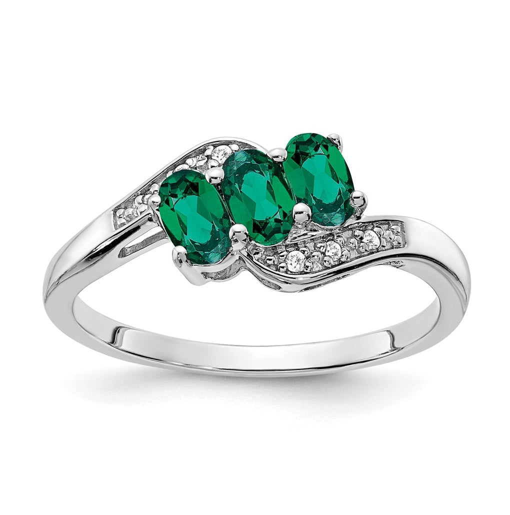 Sterling Silver Rhodium-PlatedCreated Emerald and Diamond Ring, Size 8