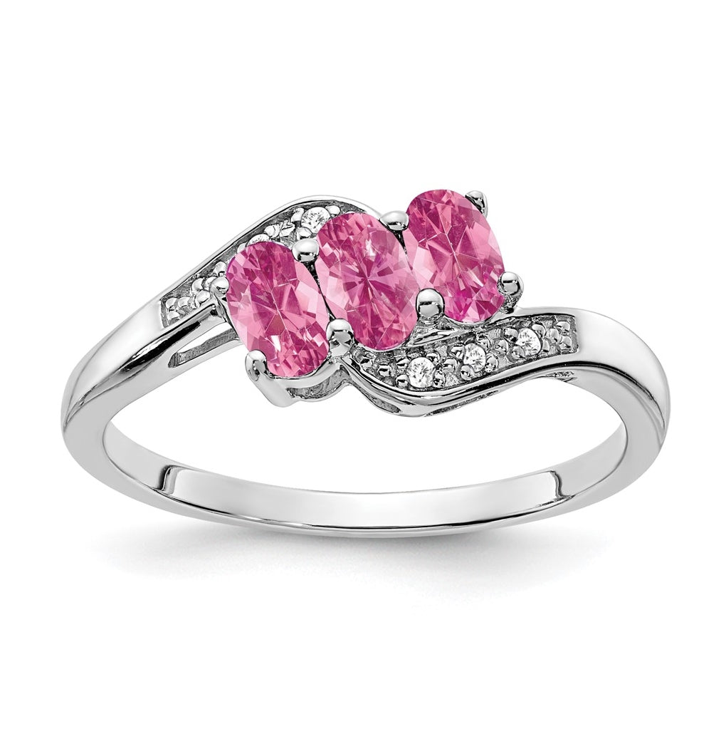 Sterling Silver Rhodium plated Created Pink Sapphire & Diamond Ring, Size 6