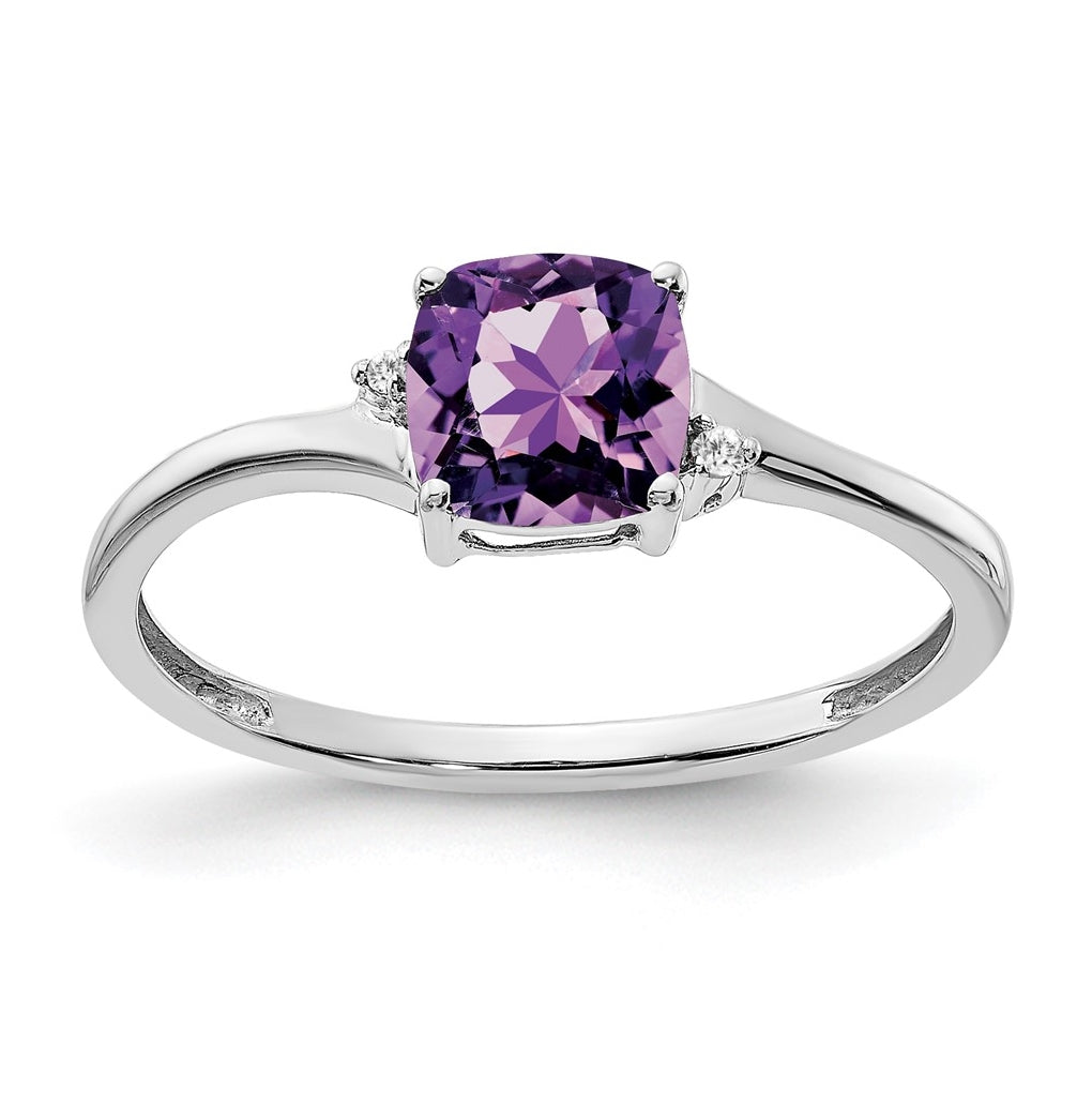 Sterling Silver Rhodium plated Amethyst and Dia Ring, Size 7