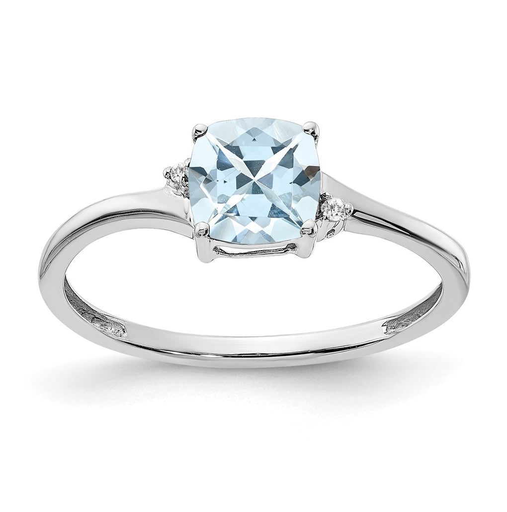 Sterling Silver Rhodium plated Aquamarine and Dia Ring, Size 6