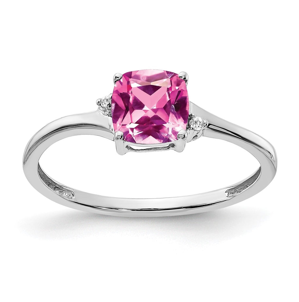 Sterling Silver Rhodium plated Created Pink Sapphire and Diamond Ring, Size 6