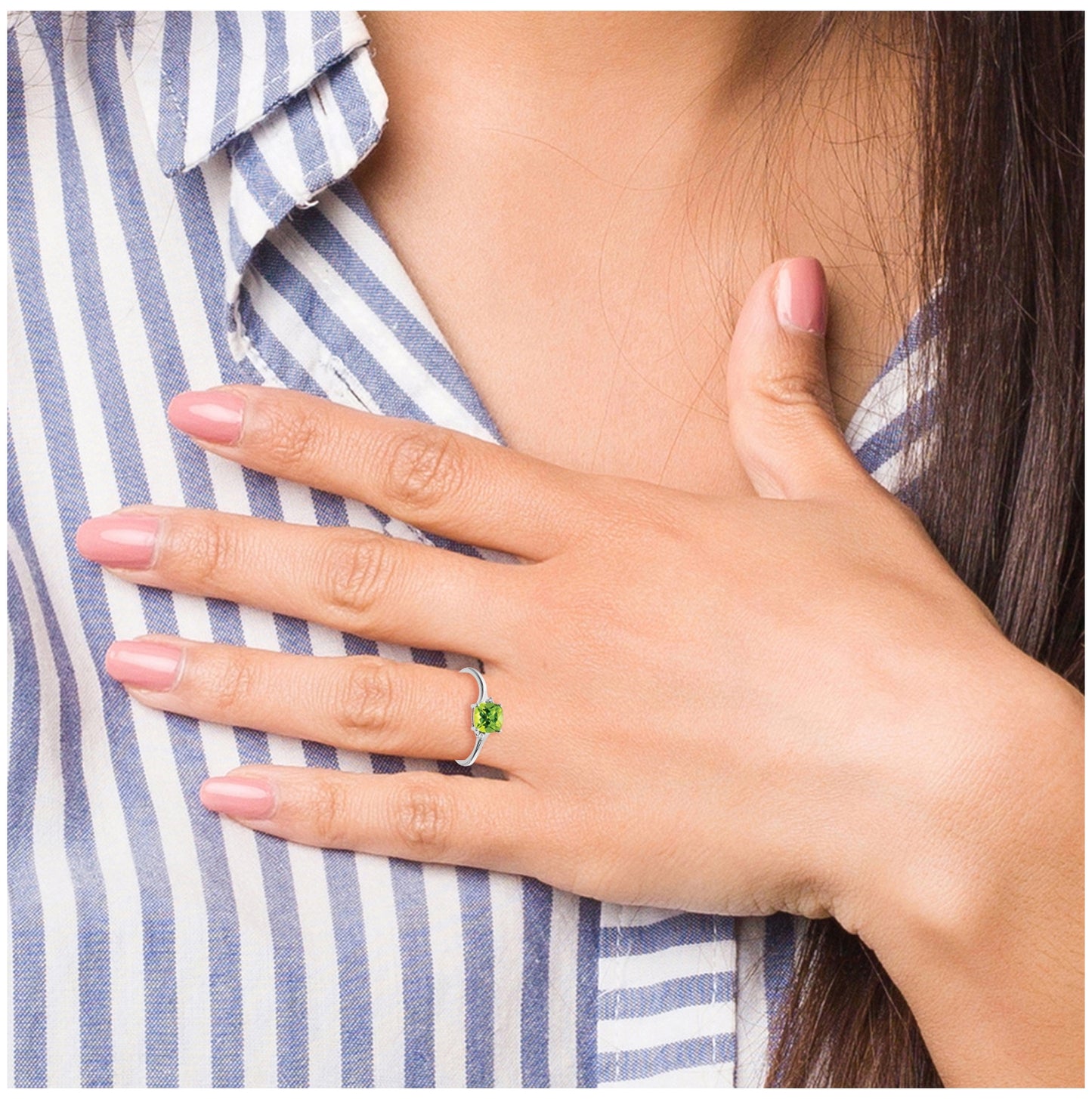 Sterling Silver Rhodium plated Peridot and Dia Ring, Size 6