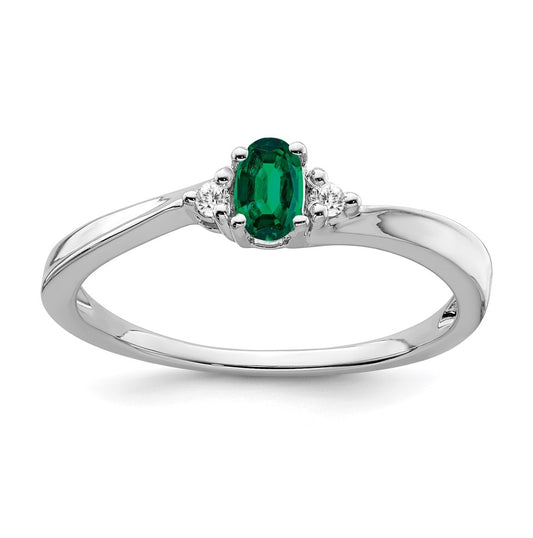 14k White Gold Created Emerald and Diamond Ring, Size 7