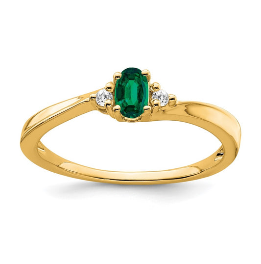 14K Yellow Gold Created Emerald and Diamond Ring, Size 7