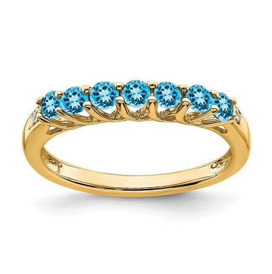 10K Yellow Gold Blue Topaz and Diamond 7-stone Ring, Size 7