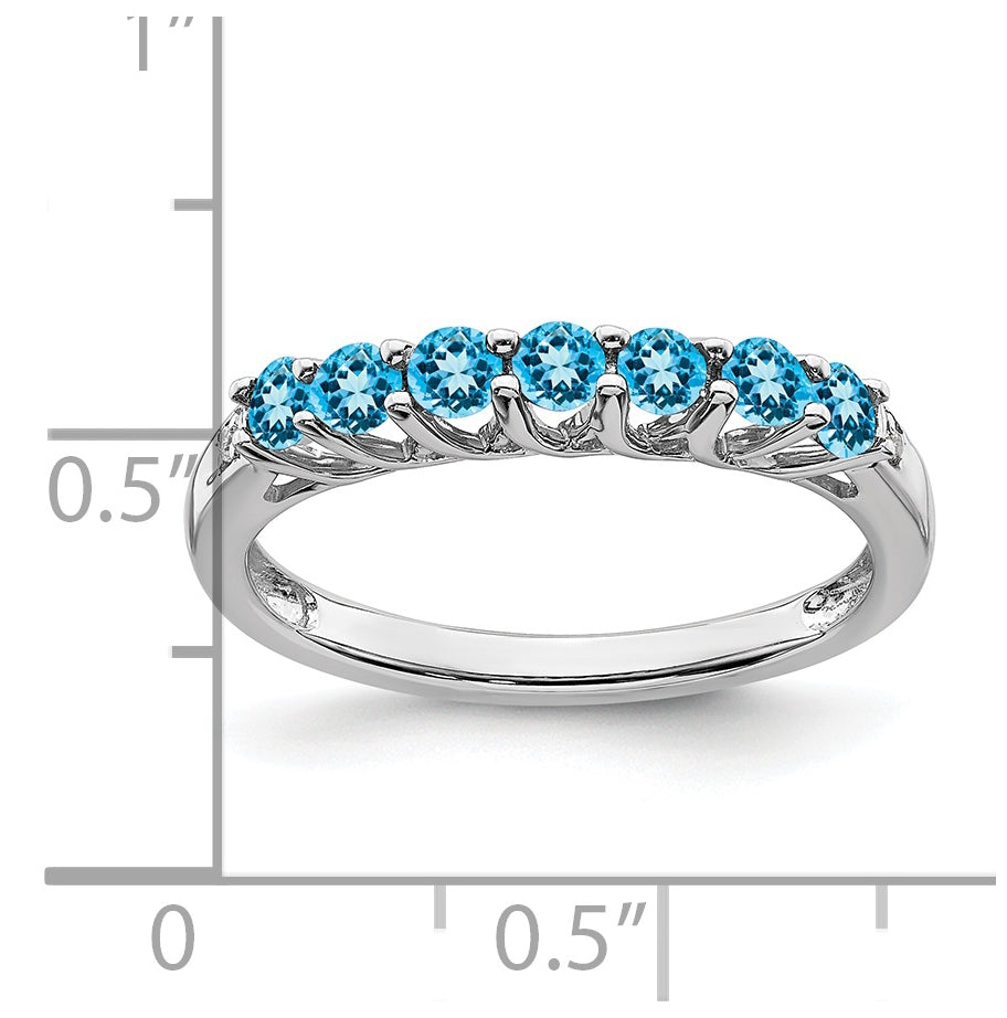 14k White Gold Blue Topaz and Diamond 7-stone Ring, Size 7