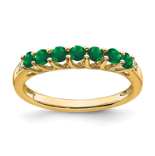 10K Yellow Gold Created Emerald and Diamond 7-stone Ring, Size 7