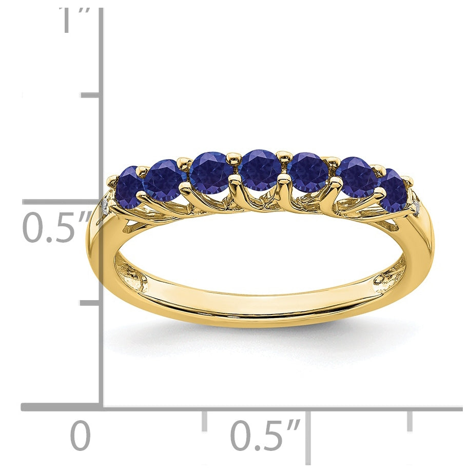 10K Yellow Gold Created Sapphire and Diamond 7-stone Ring, Size 7