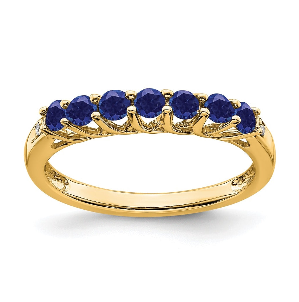 10K Yellow Gold Created Sapphire and Diamond 7-stone Ring, Size 7