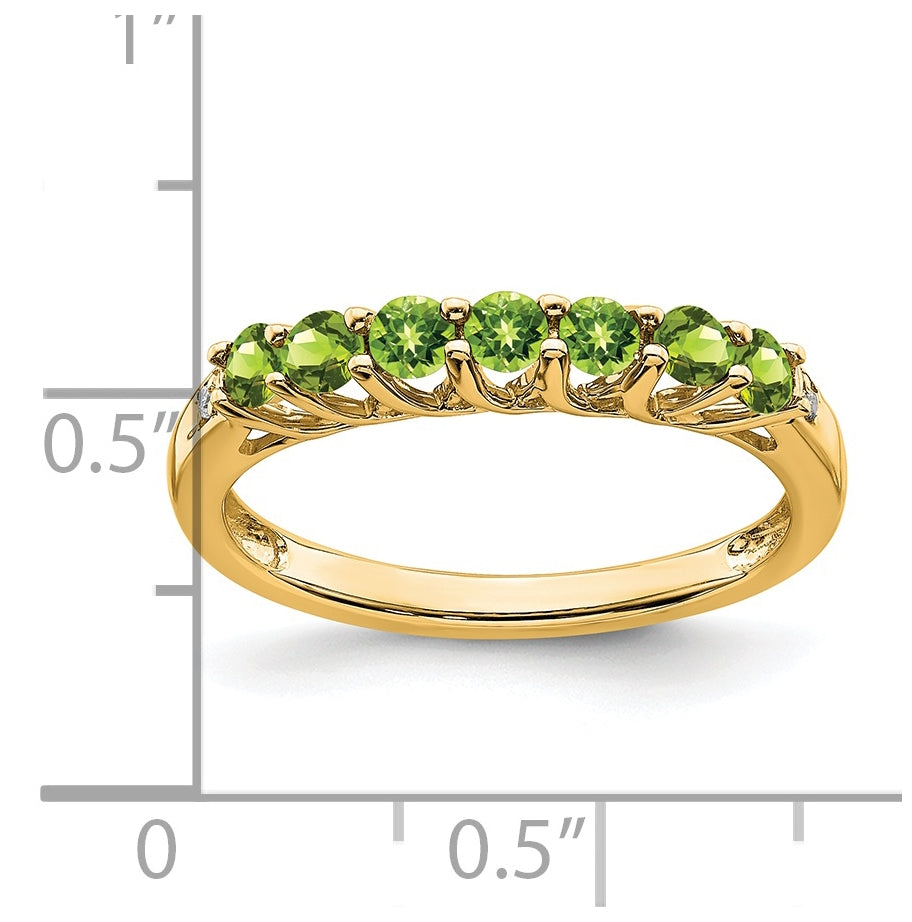 14K Yellow Gold Peridot and Diamond 7-stone Ring, Size 7