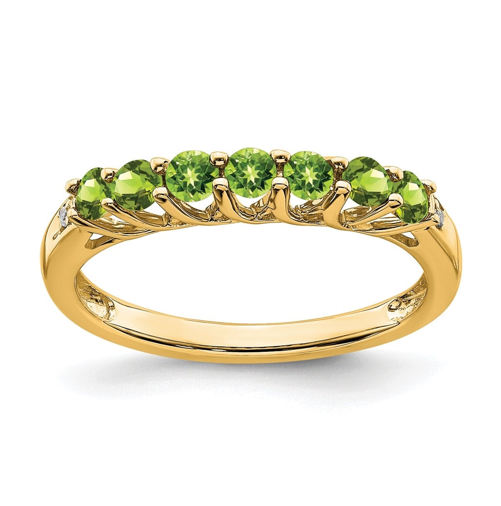 14K Yellow Gold Peridot and Diamond 7-stone Ring, Size 7