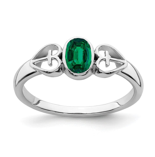 Sterling Silver Rhodium plated Created Emerald Ring, Size 6