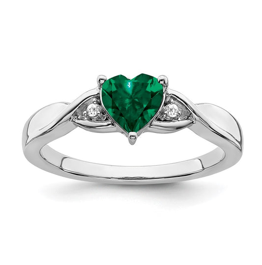 Sterling Silver Rhodium-Plated Created Emerald and Diamond Ring, Size 6