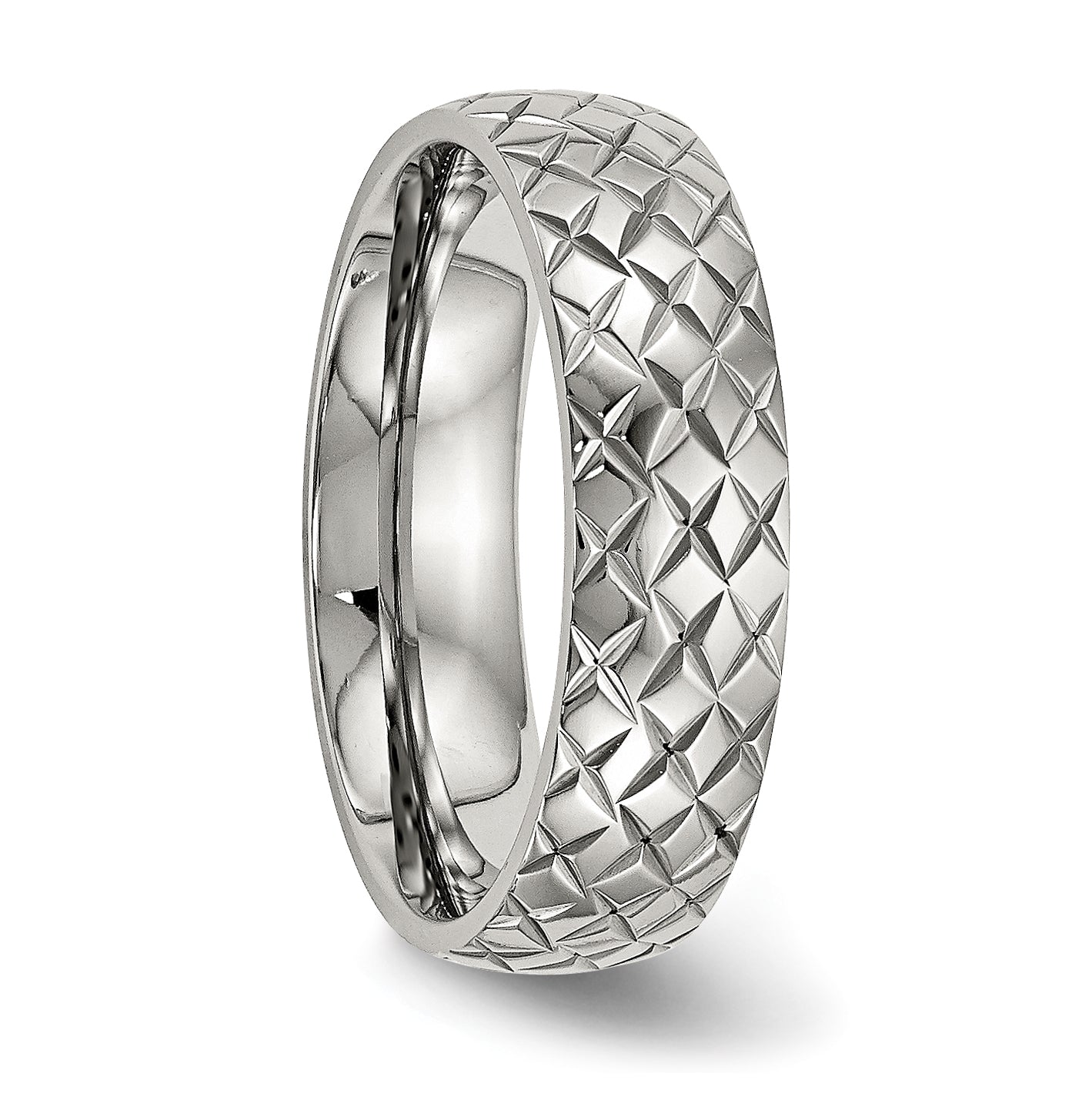 Stainless Steel Polished and Textured Criss Cross Design 6mm Band, Size 10