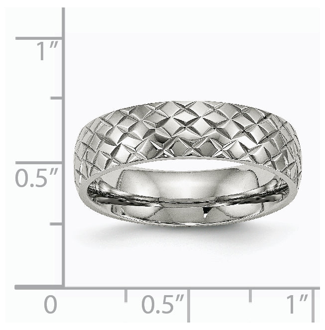 Stainless Steel Polished and Textured Criss Cross Design 6mm Band, Size 10