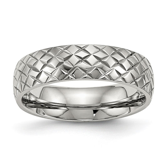 Stainless Steel Polished and Textured Criss Cross Design 6mm Band, Size 10