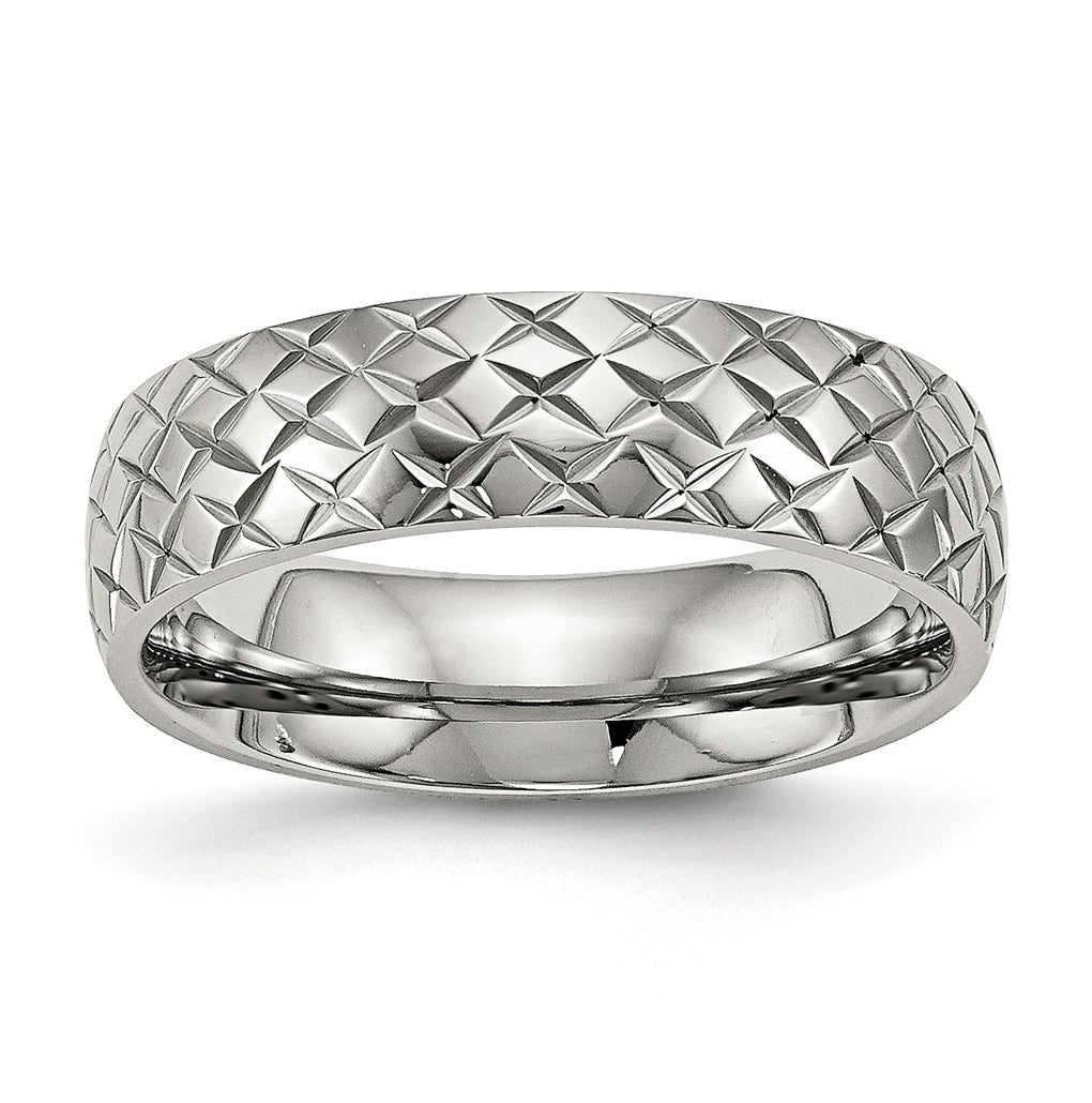 Stainless Steel Polished and Textured Criss Cross Design 6mm Band, Size 9.5