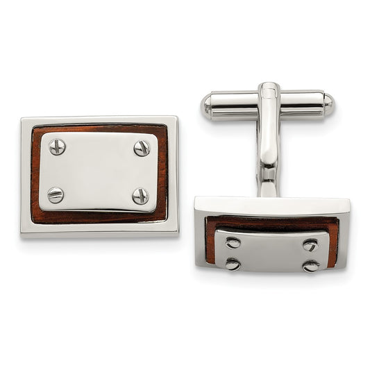 Chisel Stainless Steel Polished Koa Wood Inlay Rectangle Cufflinks