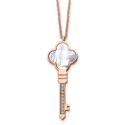 Chisel Stainless Steel Polished Rose IP-plated Cubic Zirconia and Mother of Pearl Key Pendant on a 16 inch Cable Chain with a 2 inch Extension Necklace