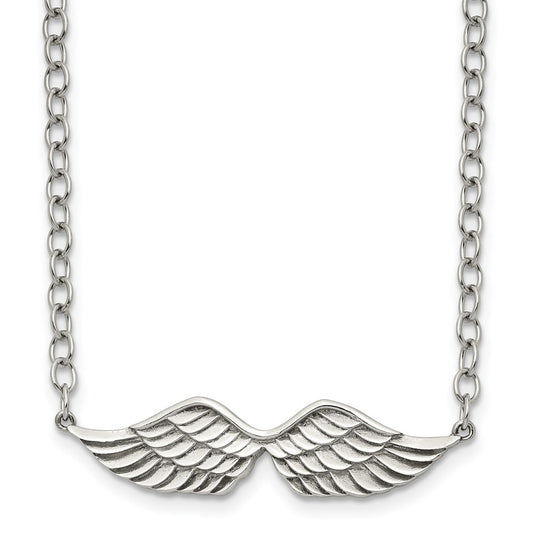 Stainless Steel Polished and Textured Angel Wings 16in w/2in ext Necklace