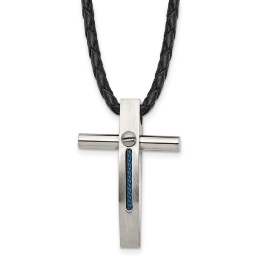 Chisel Stainless Steel Brushed and Polished Blue IP-plated Cable Cross Pendant on an 18 inch Leather Cord Necklace