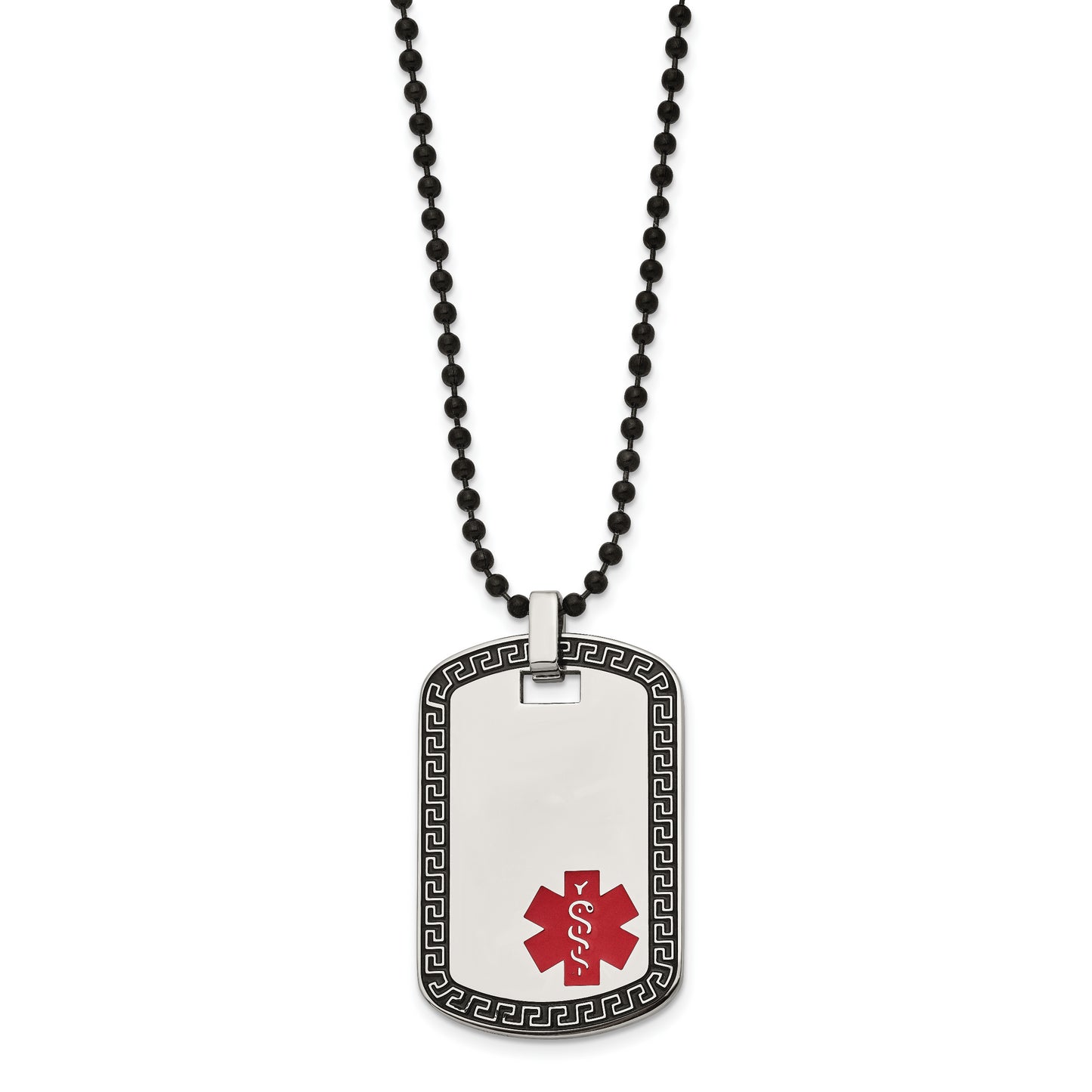 Chisel Stainless Steel Antiqued and Polished Greek Key Edge with Red Enamel Medical ID Dog Tag on a 30 inch Black IP-plated Ball Chain Necklace