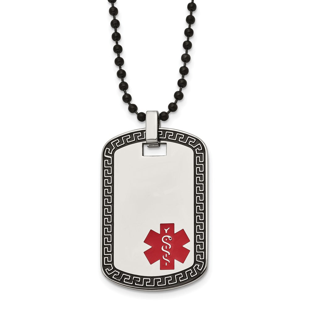 Chisel Stainless Steel Antiqued and Polished Greek Key Edge with Red Enamel Medical ID Dog Tag on a 30 inch Black IP-plated Ball Chain Necklace