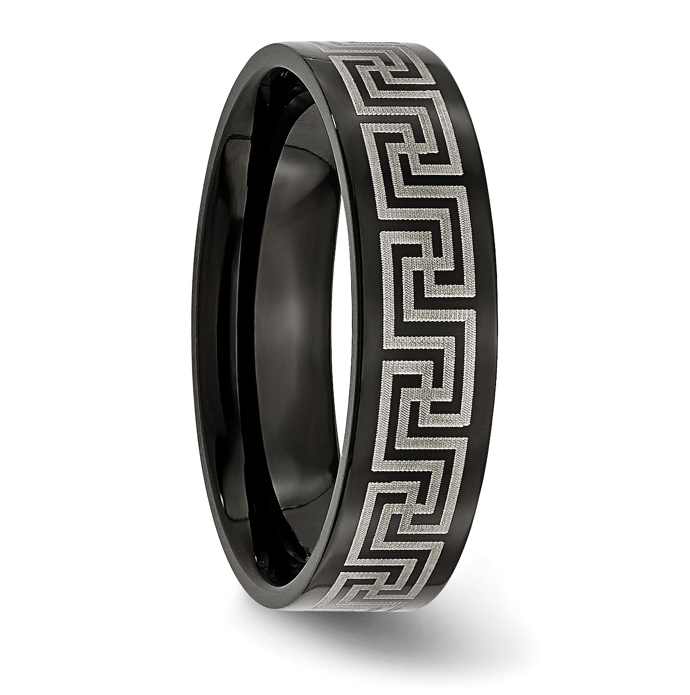 Titanium Brushed Polished Black IP Laser Etched Greek Key 6mm Band, Size 8.5