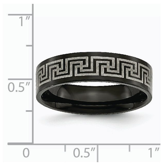 Titanium Brushed Polished Black IP Laser Etched Greek Key 6mm Band, Size 13