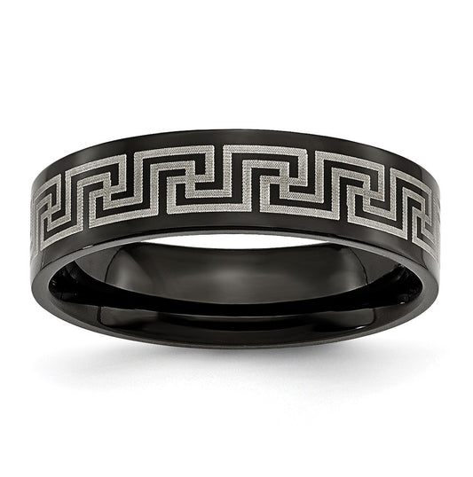 Titanium Brushed Polished Black IP Laser Etched Greek Key 6mm Band, Size 11.5