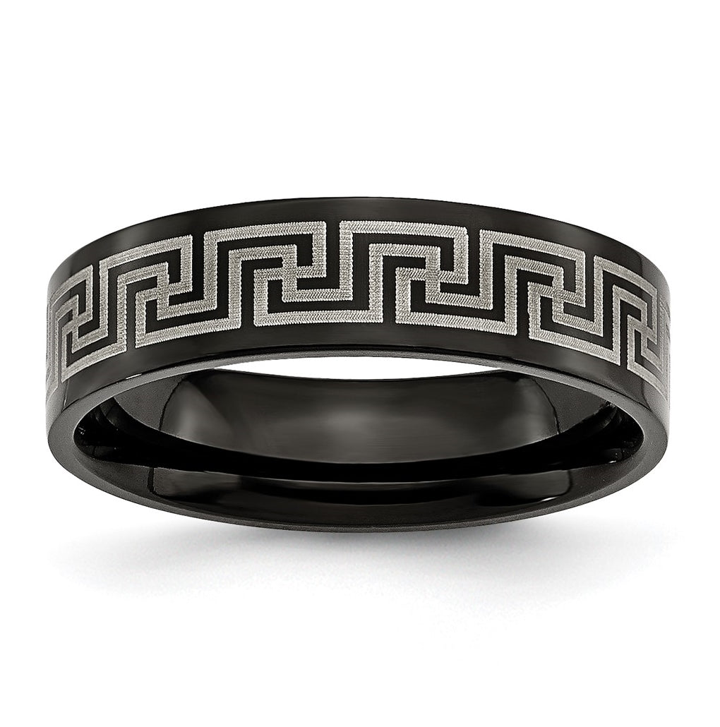 Titanium Brushed Polished Black IP Laser Etched Greek Key 6mm Band, Size 8.5