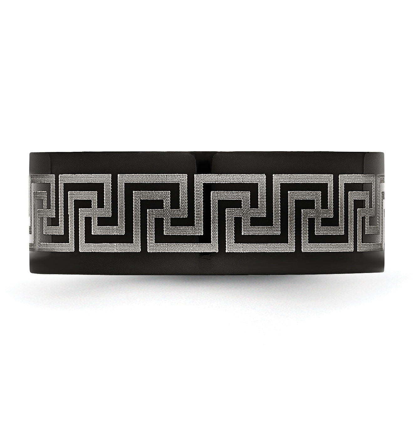 Titanium Black IP plated Greek Key Laser Etched 8mm Brushed Polished Band, Size 11.5