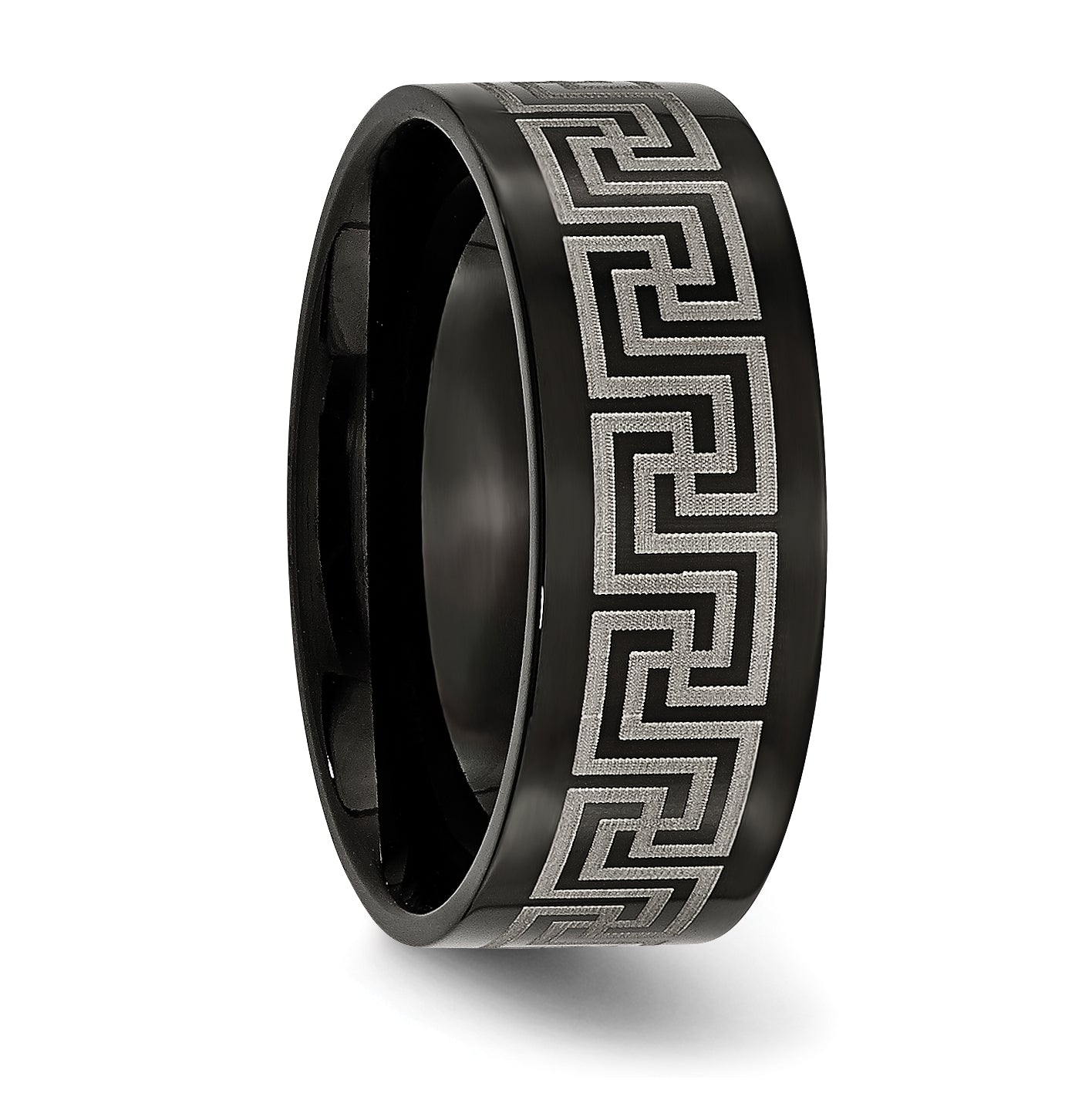 Titanium Black IP plated Greek Key Laser Etched 8mm Brushed Polished Band, Size 11.5