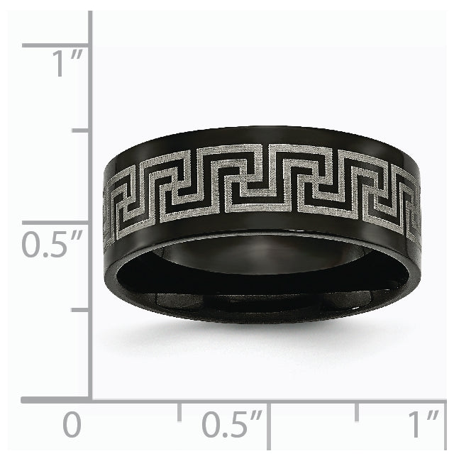 Titanium Black IP plated Greek Key Laser Etched 8mm Brushed Polished Band, Size 11.5