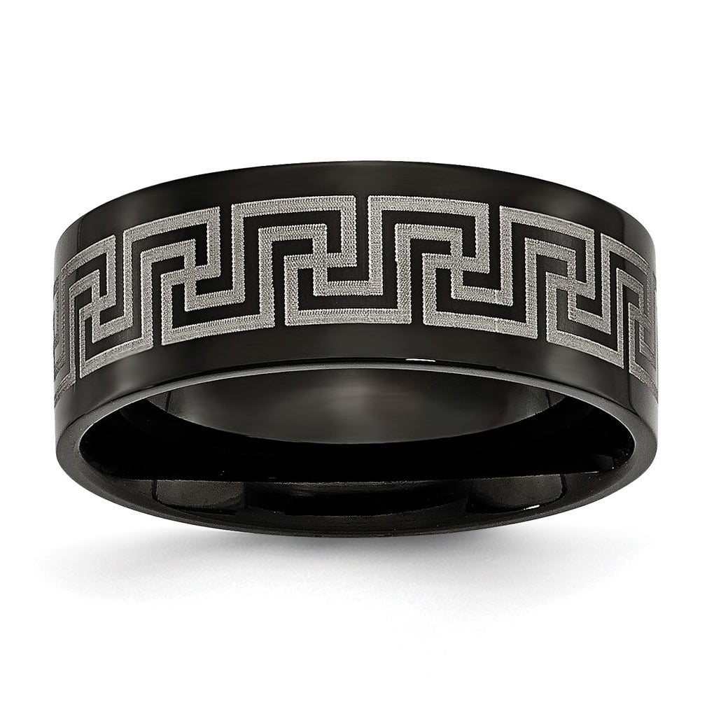 Titanium Black IP plated Greek Key Laser Etched 8mm Brushed Polished Band, Size 11.5