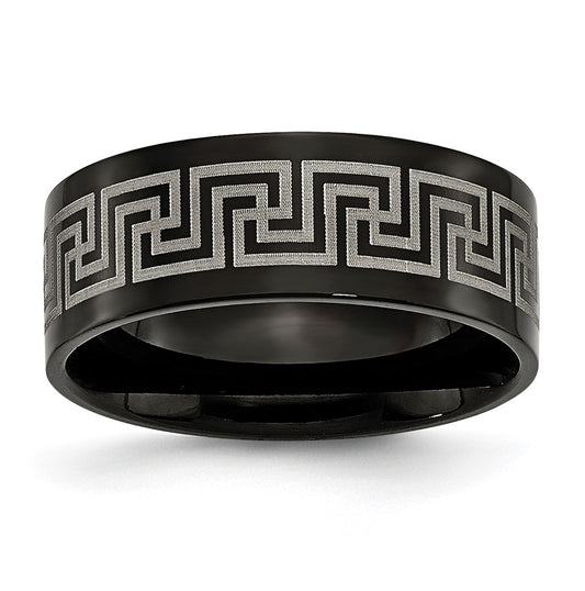 Titanium Black IP plated Greek Key Laser Etched 8mm Brushed Polished Band, Size 11.5