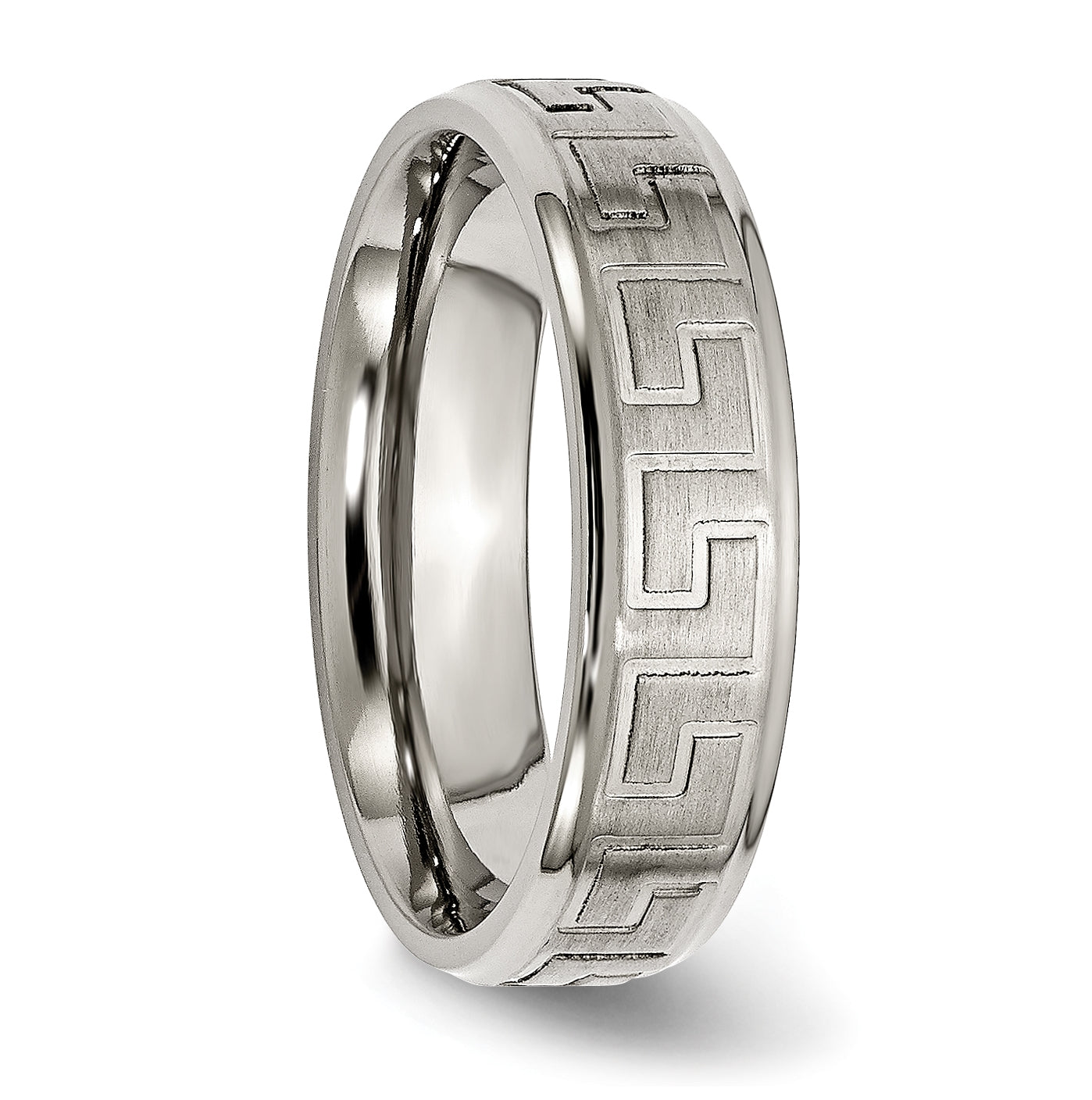 Titanium Ridged Edge Greek Key Design 6mm Satin Polished Band, Size 11.5