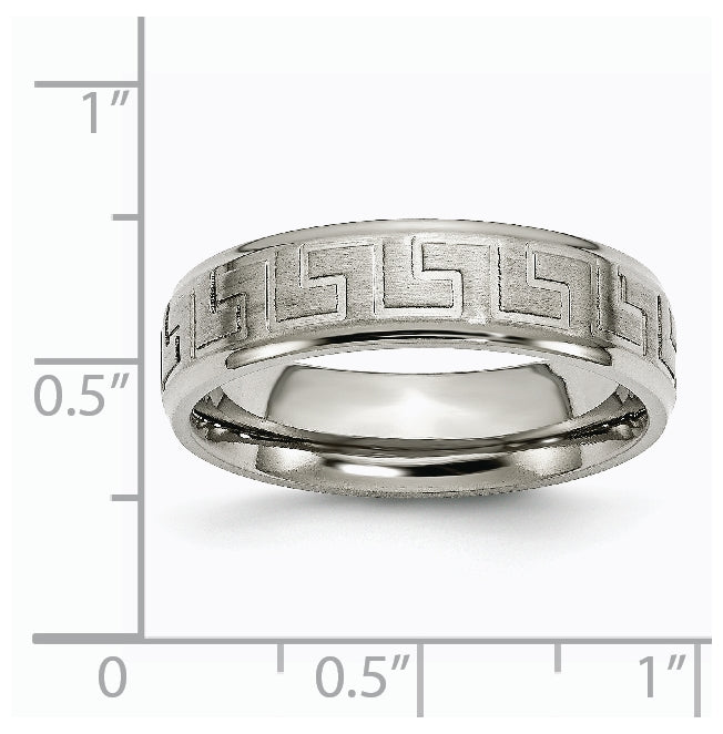 Titanium Ridged Edge Greek Key Design 6mm Satin Polished Band, Size 11.5