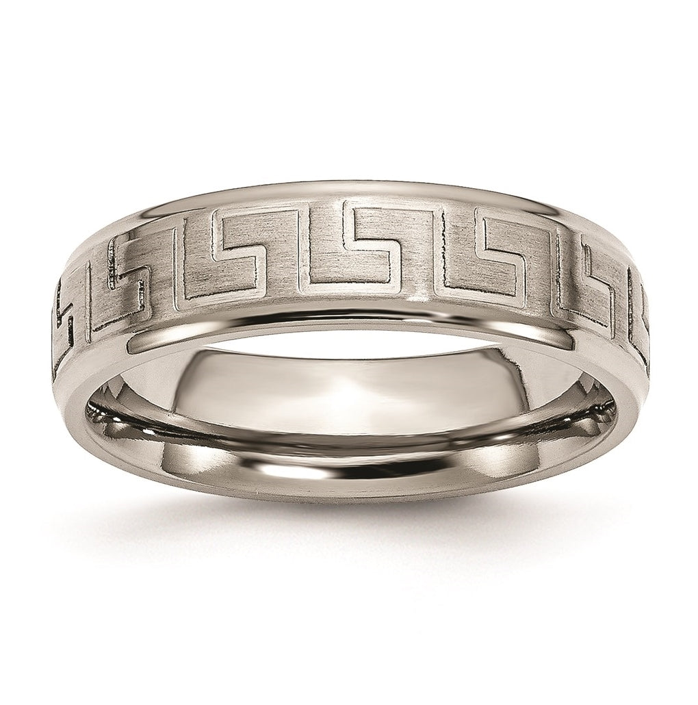 Titanium Ridged Edge Greek Key Design 6mm Satin Polished Band, Size 11.5