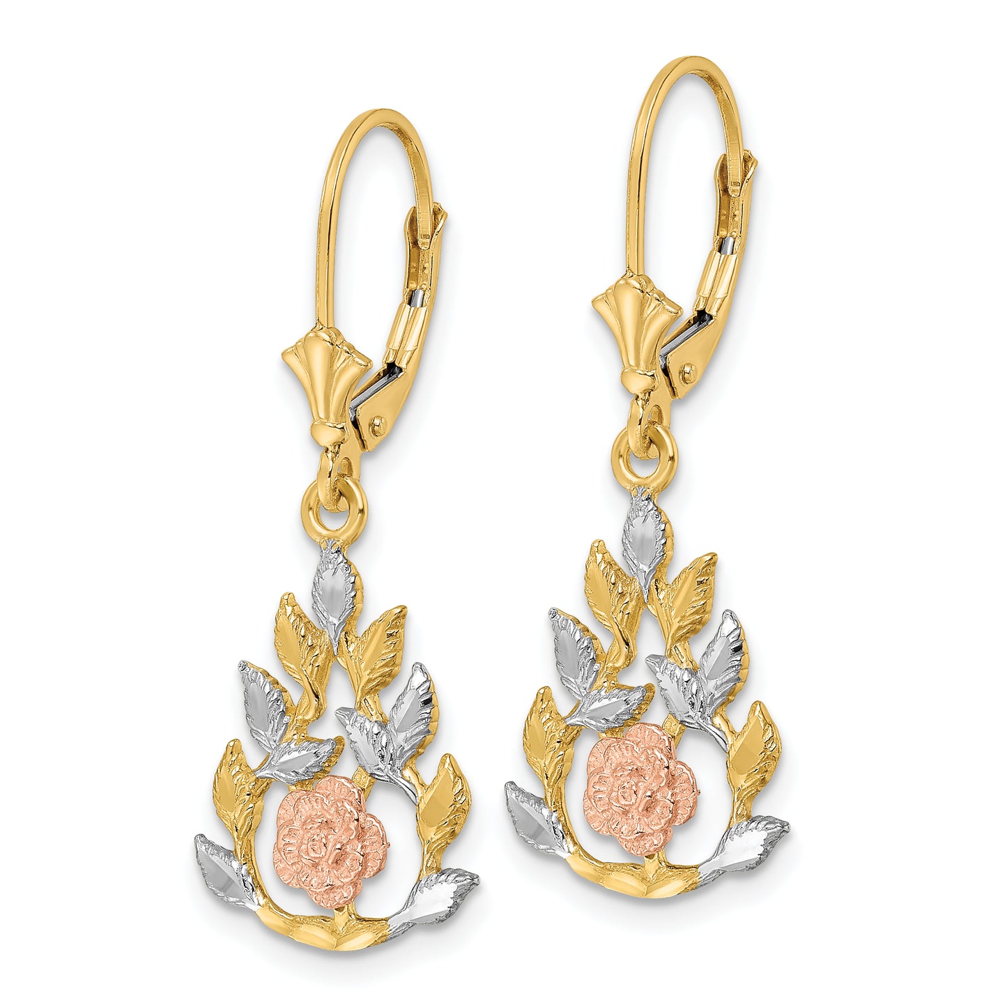 14K Tri-color Pink Flower with White & Yellow Leaves Leverback Earring