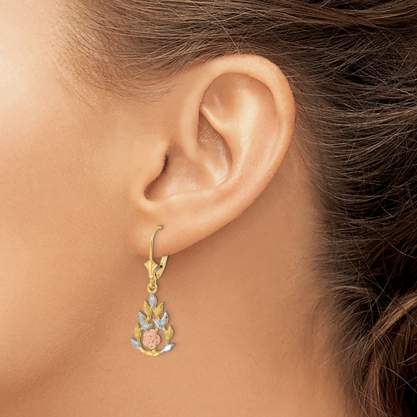 14K Tri-color Pink Flower with White & Yellow Leaves Leverback Earring