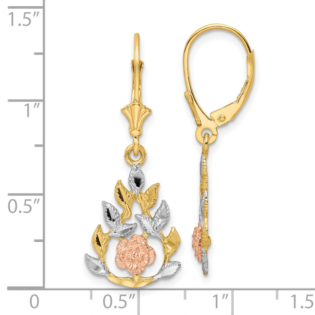 14K Tri-color Pink Flower with White & Yellow Leaves Leverback Earring